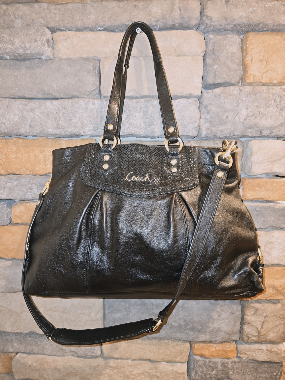 COACH F19243 Ashley Two-Way Shoulder Bag Satchel Black Leather Snake Embossed **